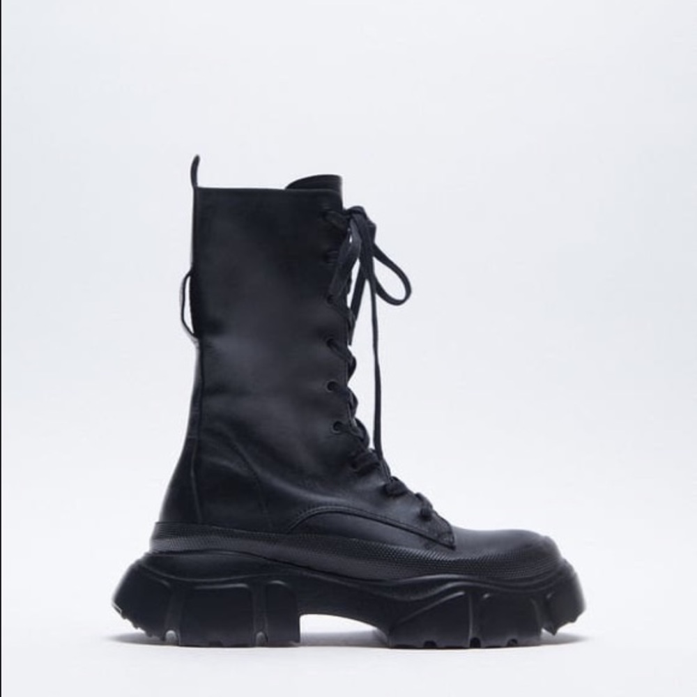 ZARA Low Heel Lug Sole Laced Leather Boots